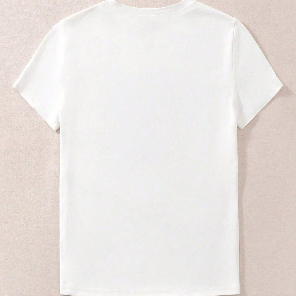 White Casual Women's Make Heaven Crowded Embossed Loose Short Sleeve T-Shirt - Picture 2 of 4